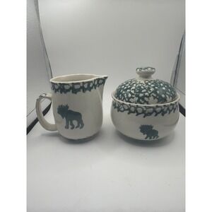 VINTAGE FOLK CRAFT MOOSE COUNTRY GREEN TIENSHAN SPONGEWARE SUGAR & CREAMER